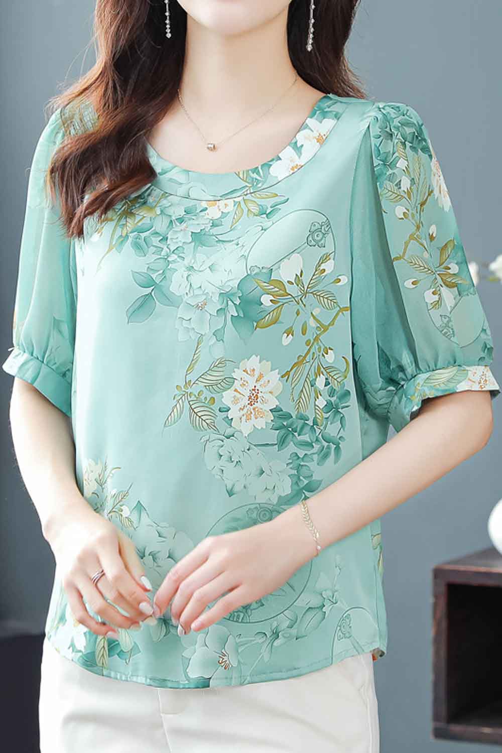 Women New Design Fashionable Mulberry Silk Round Neck Short Puff Sleeves Floral Printing Pattern Gentle Wind Style Summer Casual