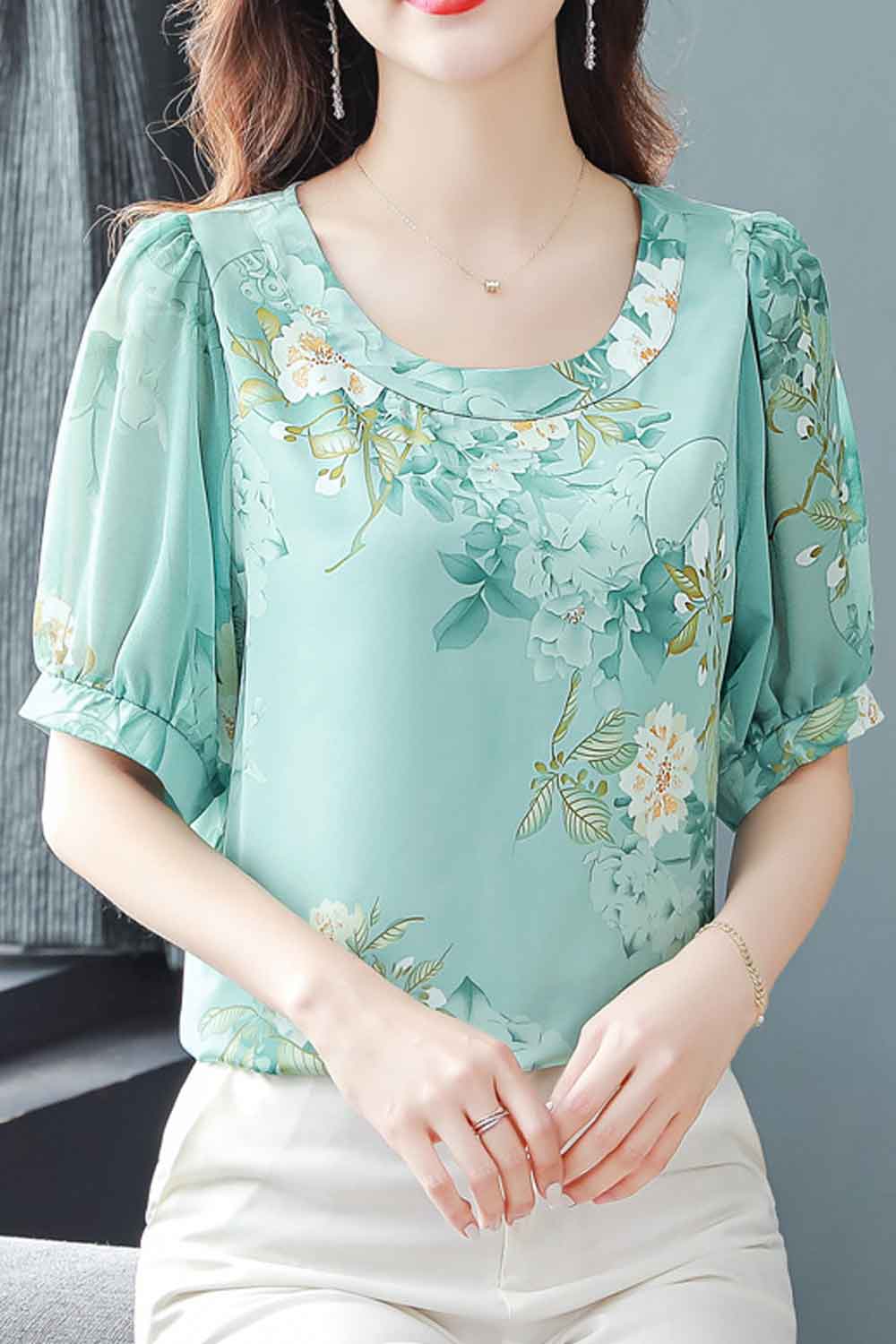 Women New Design Fashionable Mulberry Silk Round Neck Short Puff Sleeves Floral Printing Pattern Gentle Wind Style Summer Casual