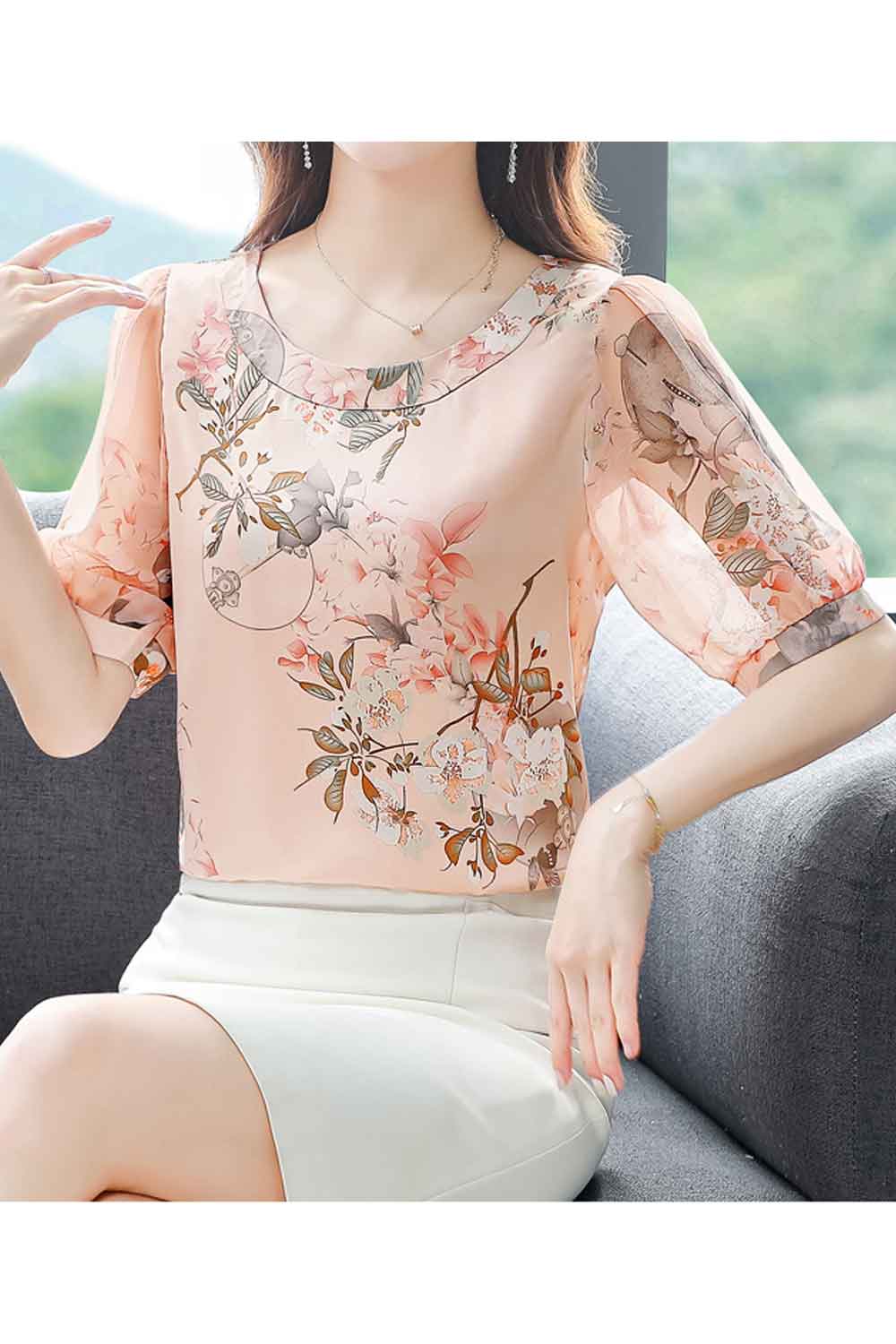 Women New Design Fashionable Mulberry Silk Round Neck Short Puff Sleeves Floral Printing Pattern Gentle Wind Style Summer Casual