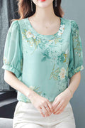 Women New Design Fashionable Mulberry Silk Round Neck Short Puff Sleeves Floral Printing Pattern Gentle Wind Style Summer Casual