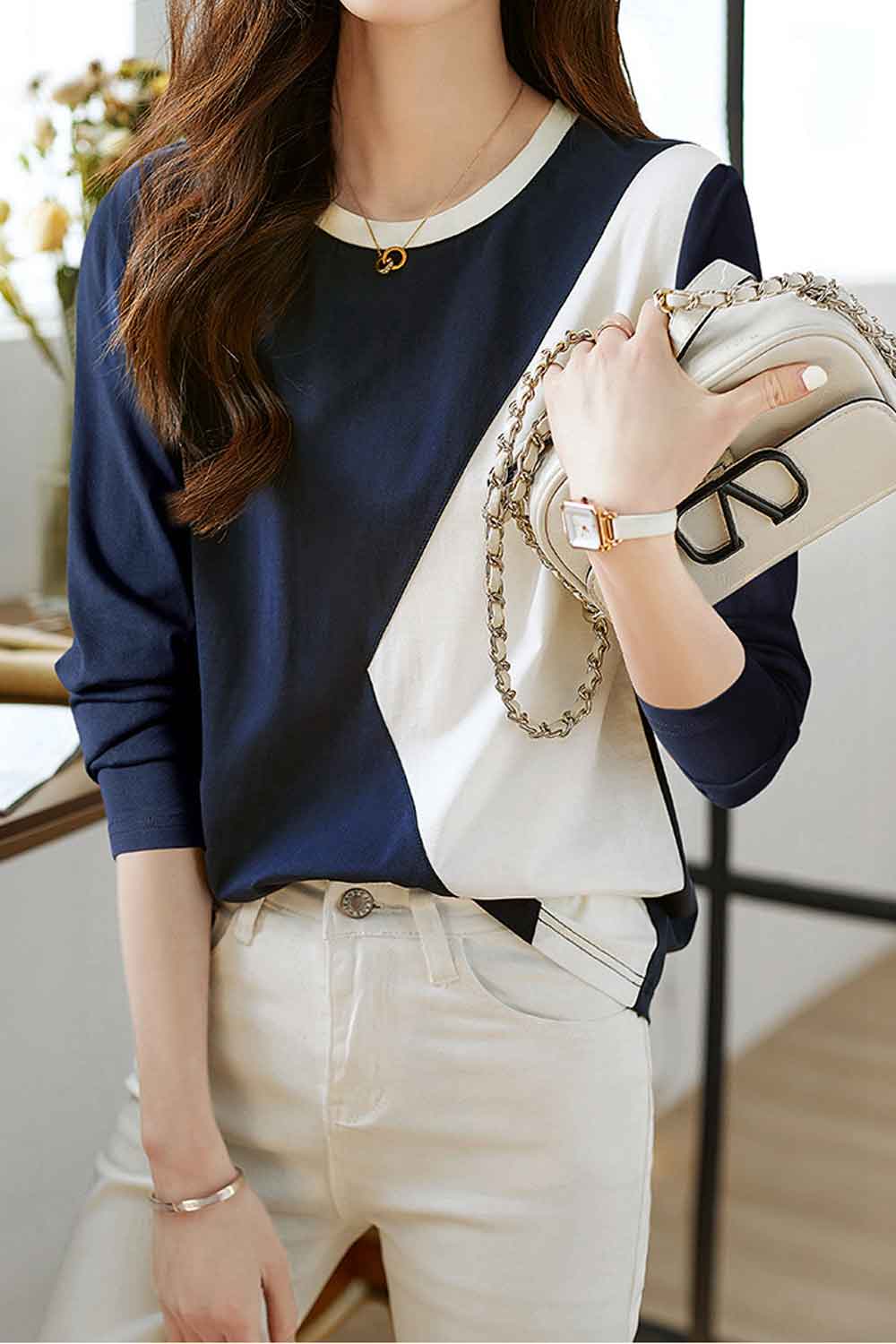 Women New Design Fashionable Pure Cotton Round Neck Long Sleeves Stitching Contrast Color Summer Casual Elegant Pullover Bottomi