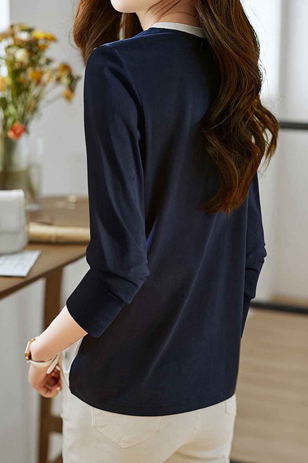 Women New Design Fashionable Pure Cotton Round Neck Long Sleeves Stitching Contrast Color Summer Casual Elegant Pullover Bottomi
