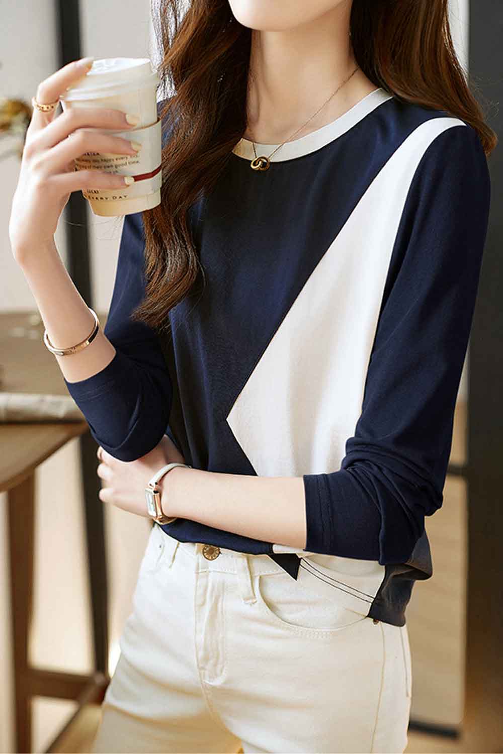 Women New Design Fashionable Pure Cotton Round Neck Long Sleeves Stitching Contrast Color Summer Casual Elegant Pullover Bottomi