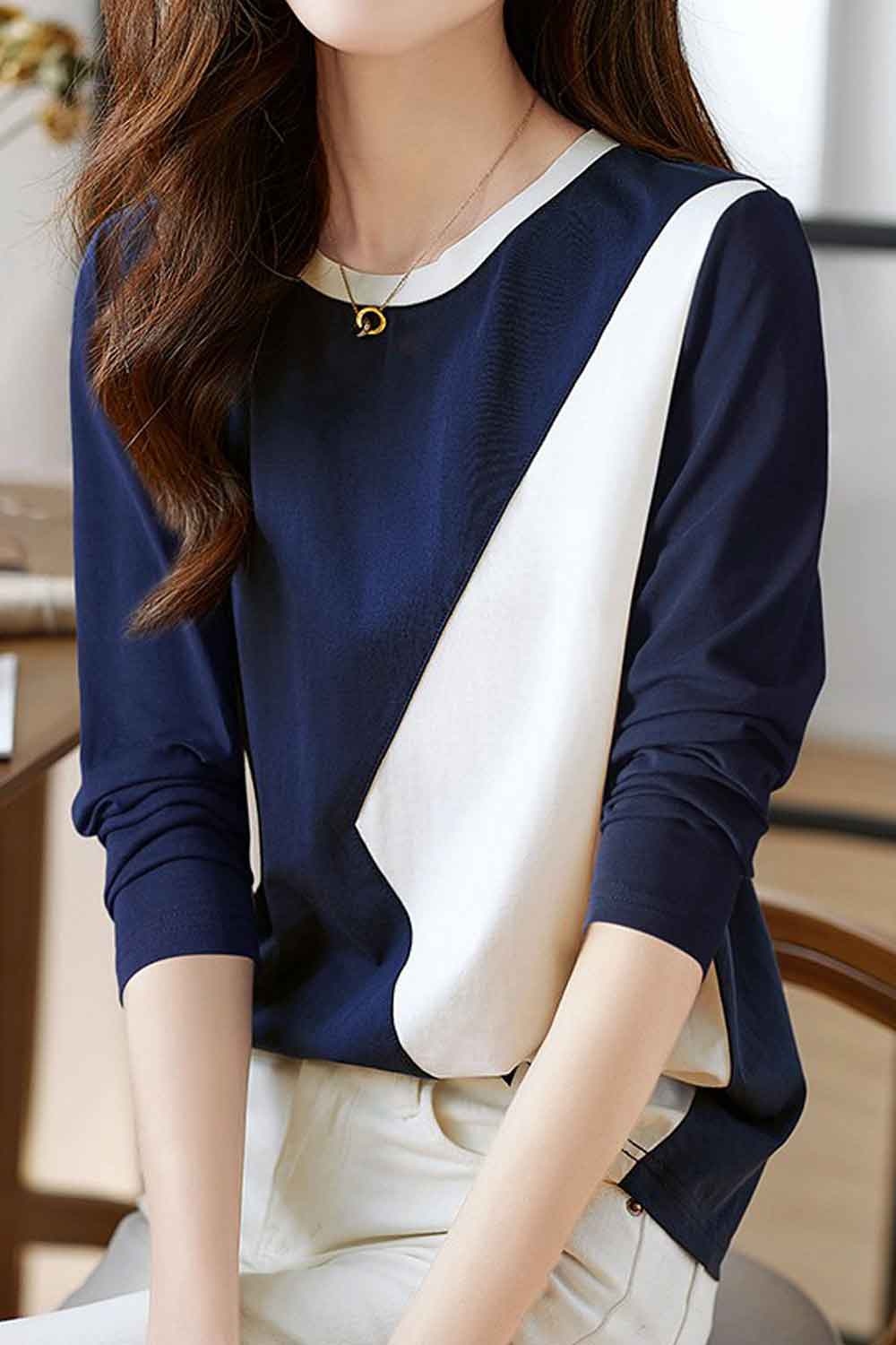 Women New Design Fashionable Pure Cotton Round Neck Long Sleeves Stitching Contrast Color Summer Casual Elegant Pullover Bottomi