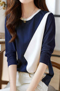 Women New Design Fashionable Pure Cotton Round Neck Long Sleeves Stitching Contrast Color Summer Casual Elegant Pullover Bottomi