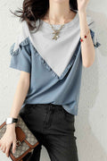 Women New Design Fashionable Round Neck Short Sleeves Double Color Stiching Pattern Fresh and Sweet Style Summer Casual Elegant