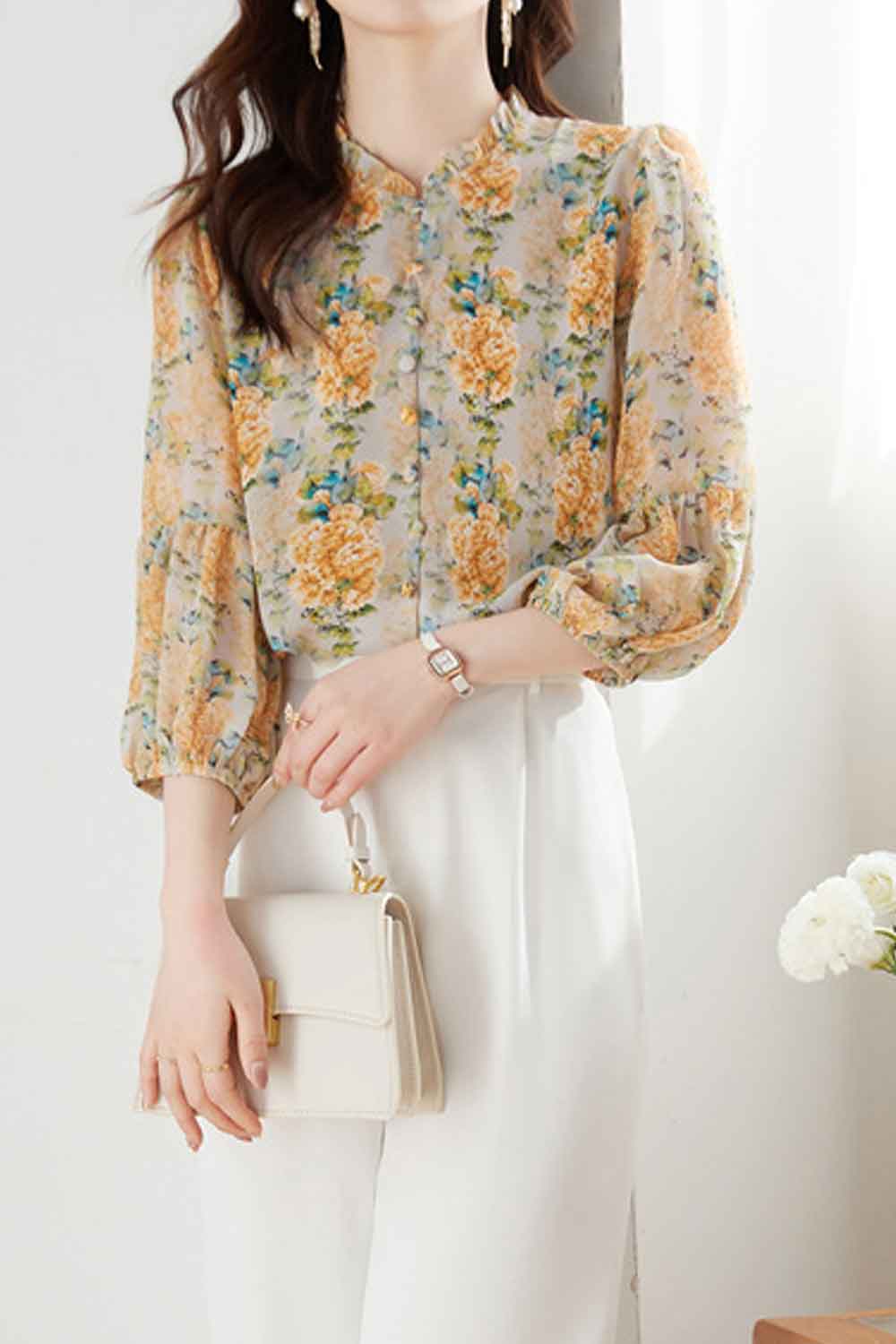 Women New Design Fashionable Stand Collar Neck Three Quarter Sleeves 3D effect Floral Pattern Summer Casual Loose Chiffon Bottom