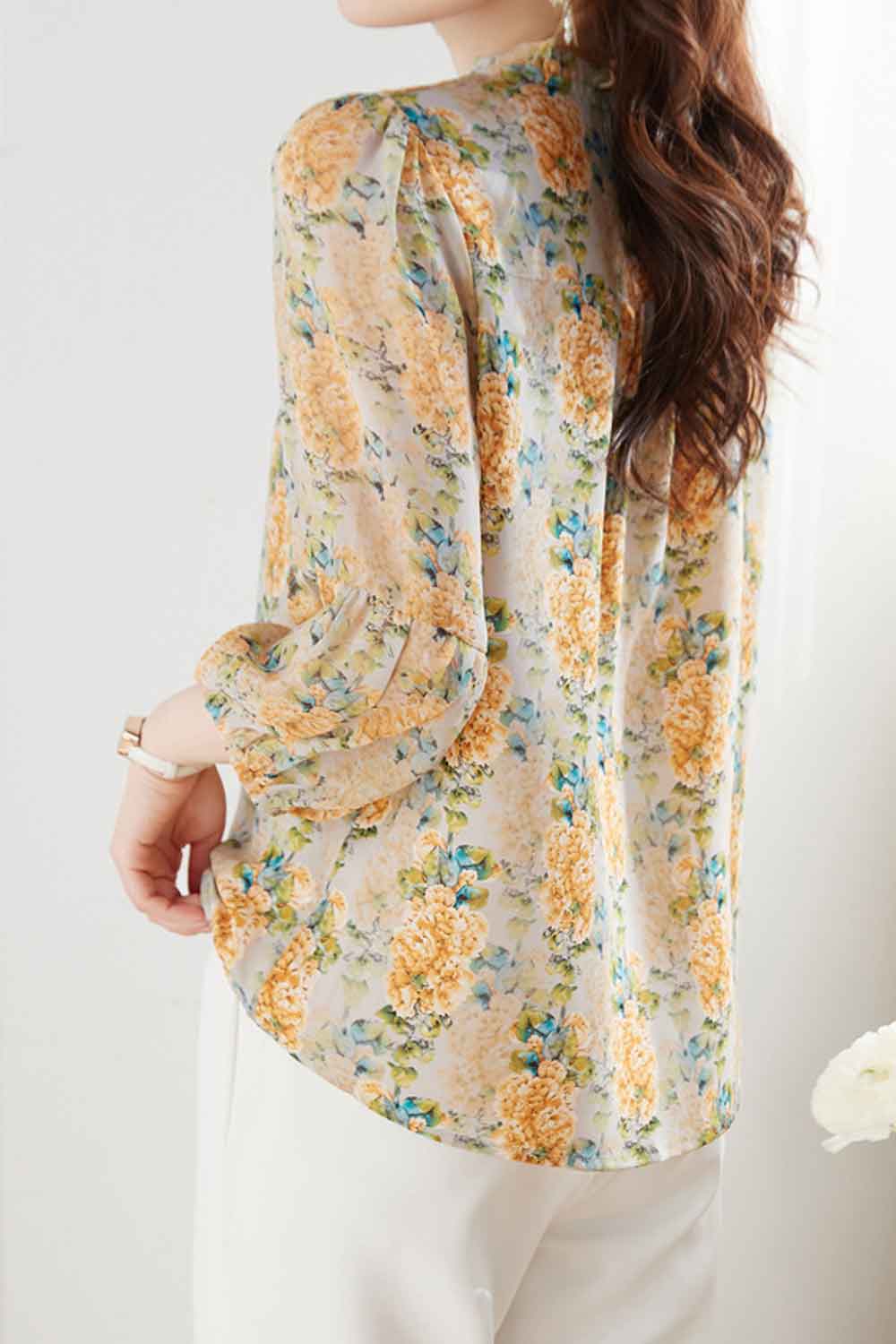 Women New Design Fashionable Stand Collar Neck Three Quarter Sleeves 3D effect Floral Pattern Summer Casual Loose Chiffon Bottom
