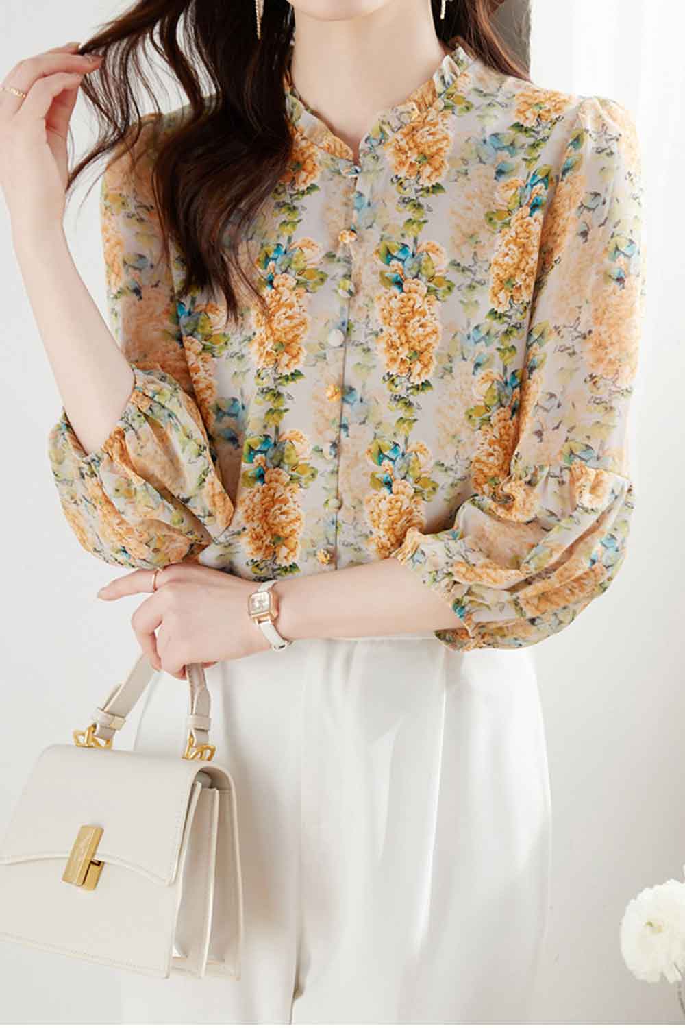 Women New Design Fashionable Stand Collar Neck Three Quarter Sleeves 3D effect Floral Pattern Summer Casual Loose Chiffon Bottom