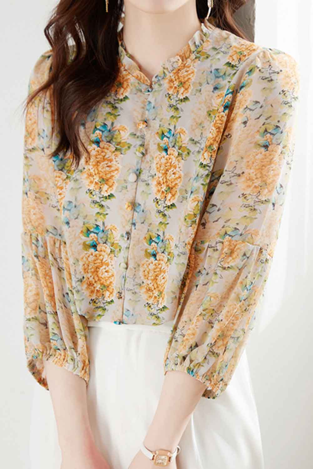 Women New Design Fashionable Stand Collar Neck Three Quarter Sleeves 3D effect Floral Pattern Summer Casual Loose Chiffon Bottom