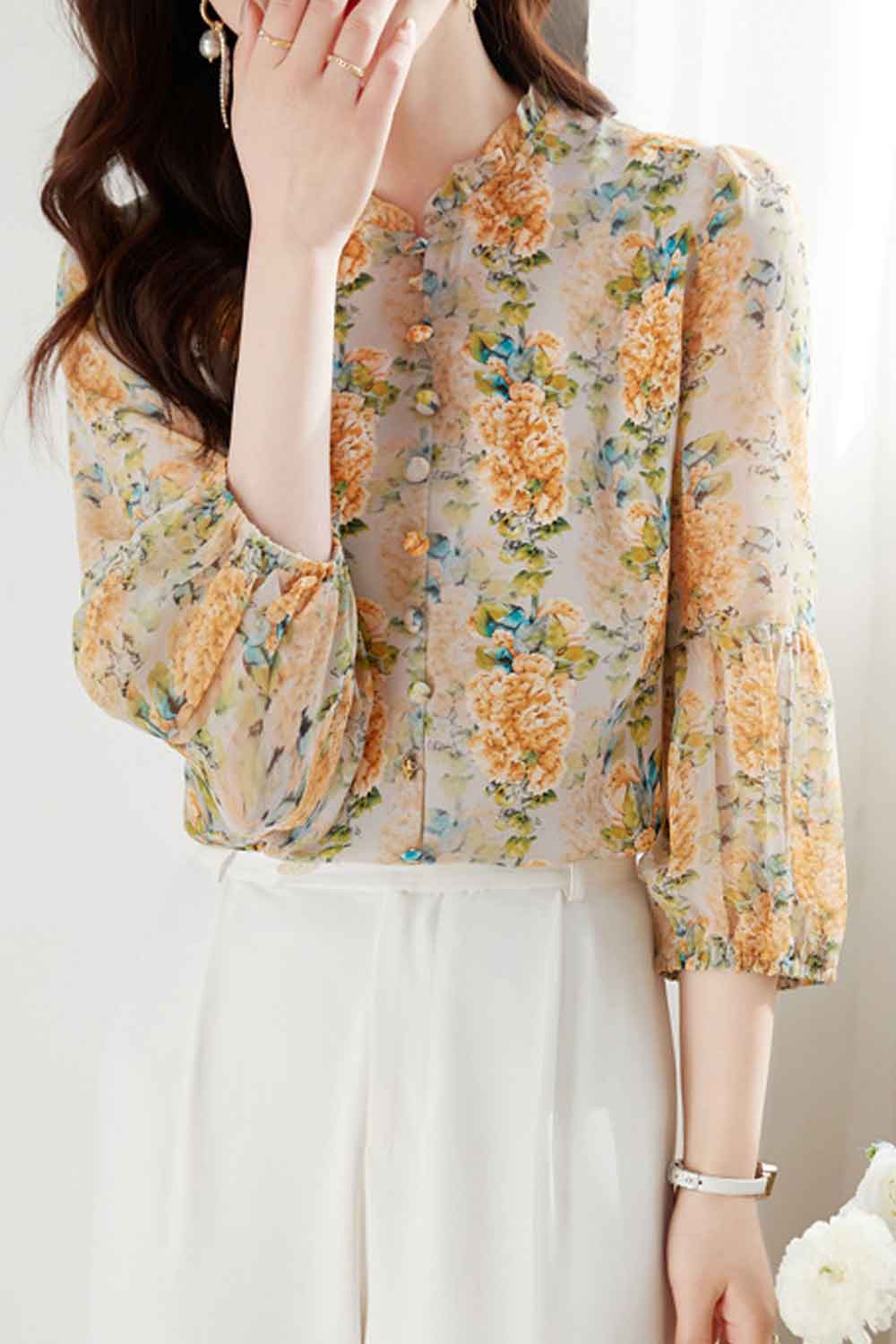 Women New Design Fashionable Stand Collar Neck Three Quarter Sleeves 3D effect Floral Pattern Summer Casual Loose Chiffon Bottom