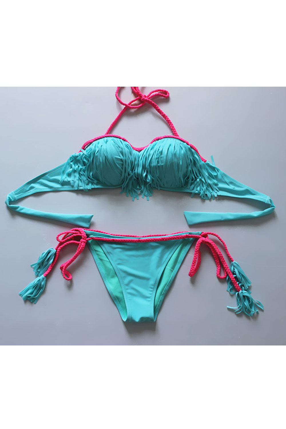 Women Tie Strap Tassel Decoration Solid Two Piece Swimsuit