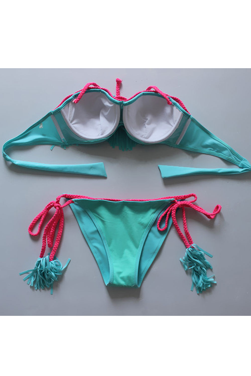 Women Tie Strap Tassel Decoration Solid Two Piece Swimsuit