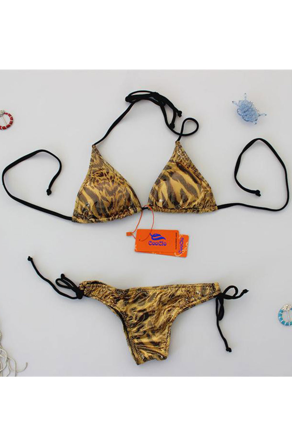 Women Shiny Material Tie Straps Beach Swimsuit Set