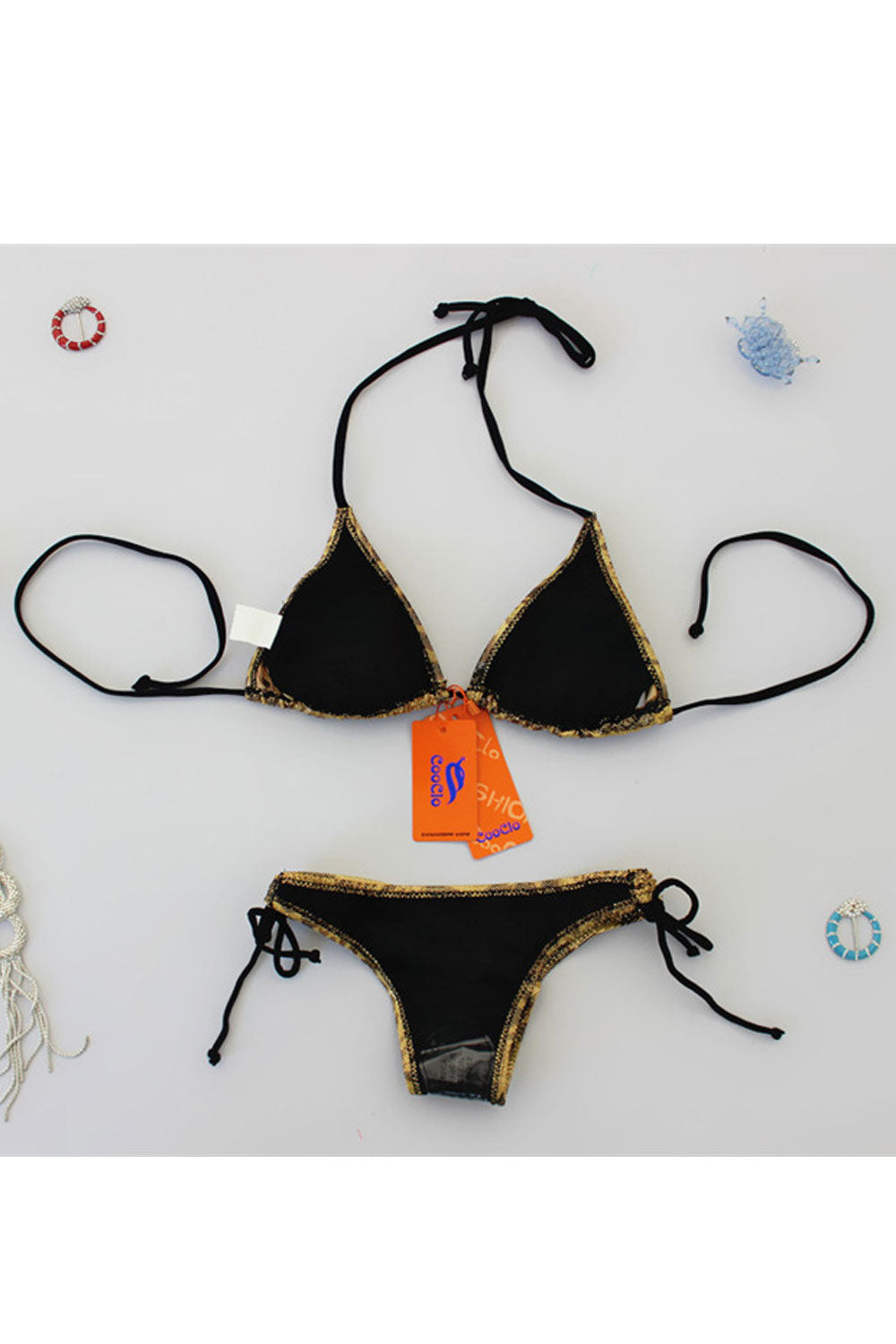Women Shiny Material Tie Straps Beach Swimsuit Set