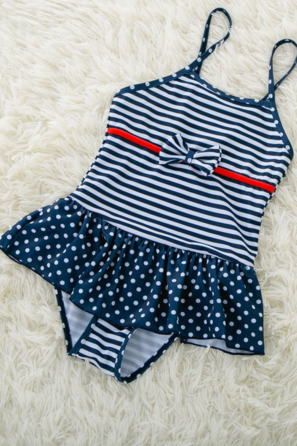 Baby Girls Adjustable Strap Neck Polka Dot Bow Decorated One Piece Swimsuit