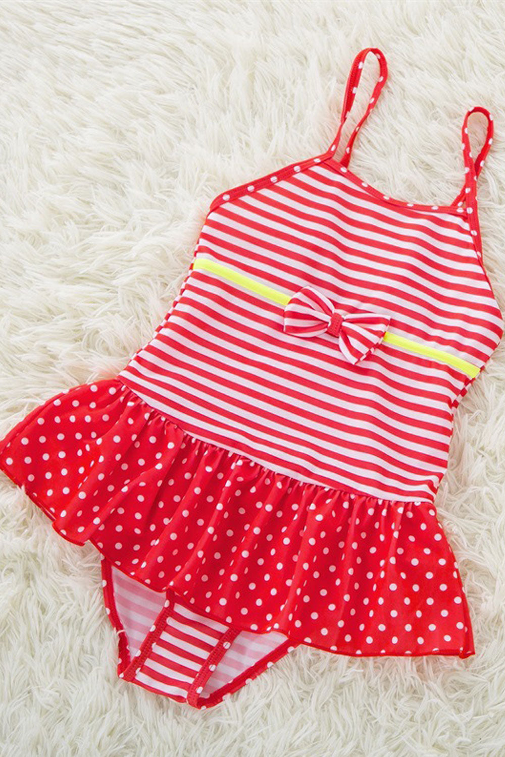 Baby Girls Adjustable Strap Neck Polka Dot Bow Decorated One Piece Swimsuit