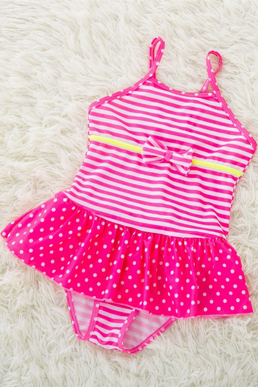 Baby Girls Adjustable Strap Neck Polka Dot Bow Decorated One Piece Swimsuit