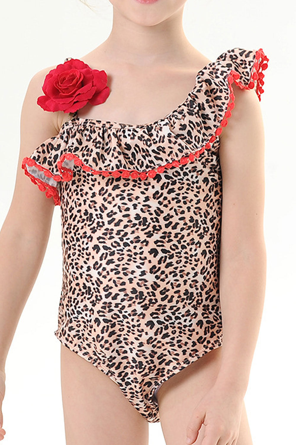 Baby Girls Leopard Printed Flower Decorated One Piece Swimsuit