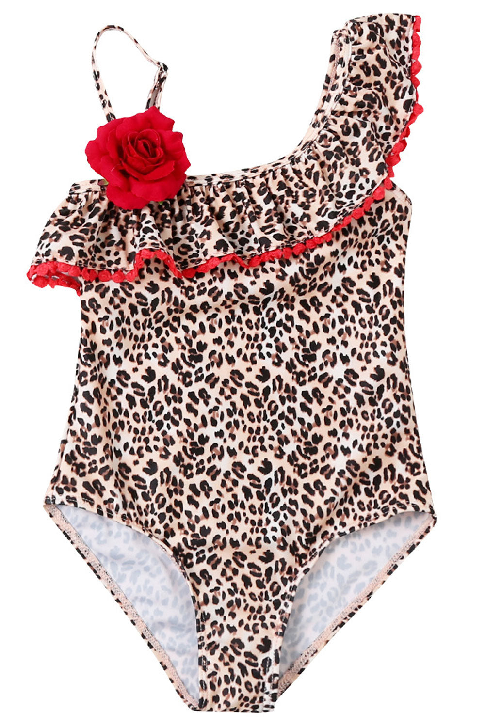 Baby Girls Leopard Printed Flower Decorated One Piece Swimsuit