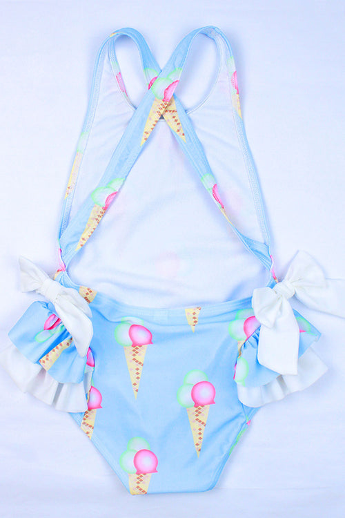 Baby Girls Ice Cream Printed Cross Strap Neck One Piece Swimsuit