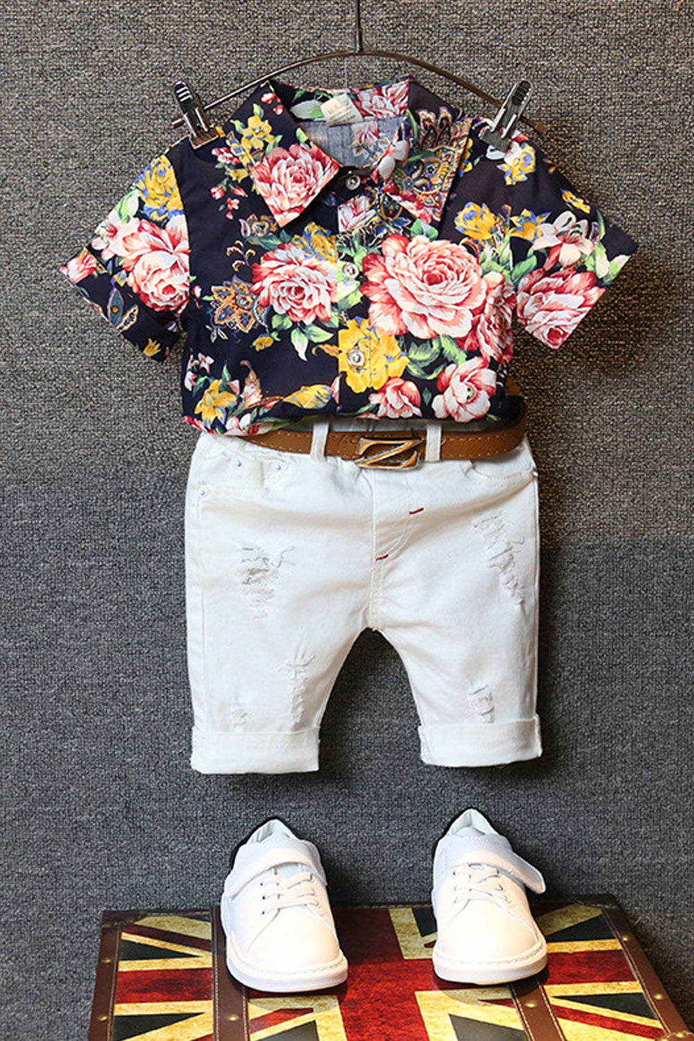 Baby Boys Two Piece Floral Pattern Shirt Shredded Pant Summer Set