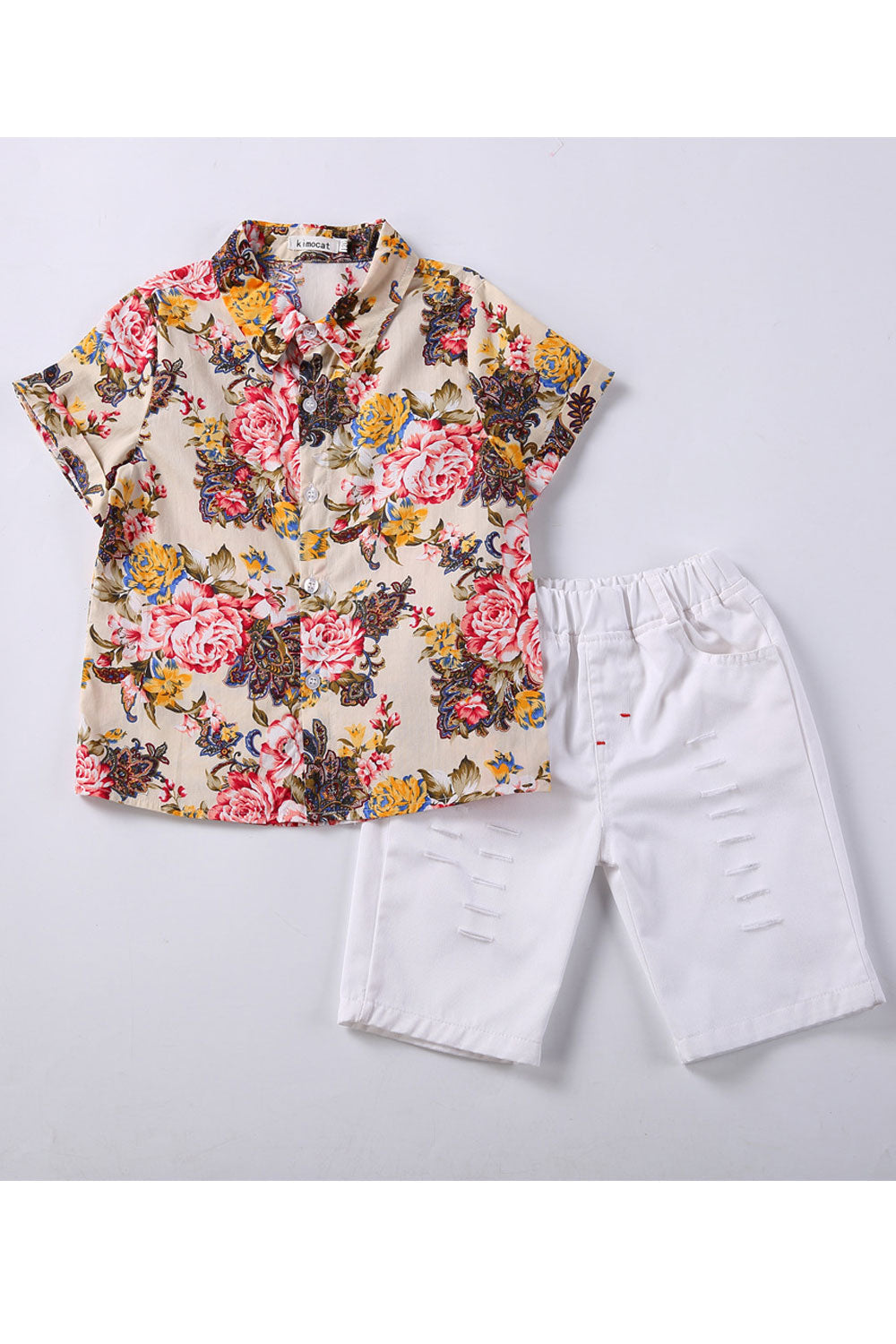Baby Boys Two Piece Floral Pattern Shirt Shredded Pant Summer Set