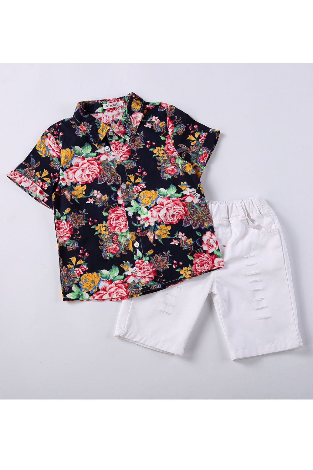 Baby Boys Two Piece Floral Pattern Shirt Shredded Pant Summer Set