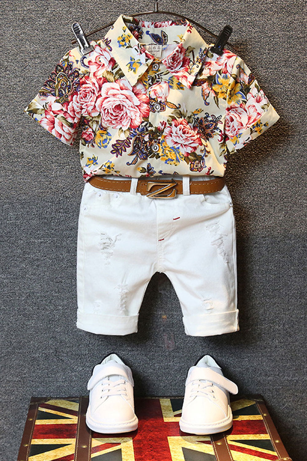 Baby Boys Two Piece Floral Pattern Shirt Shredded Pant Summer Set