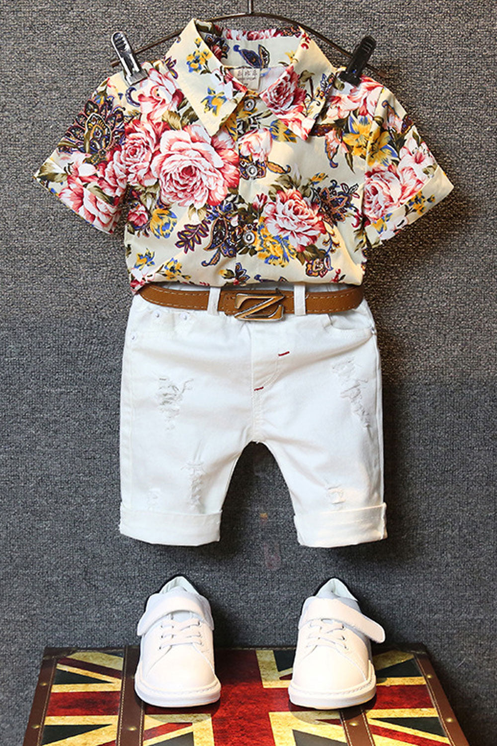 Baby Boys Two Piece Floral Pattern Shirt Shredded Pant Summer Set