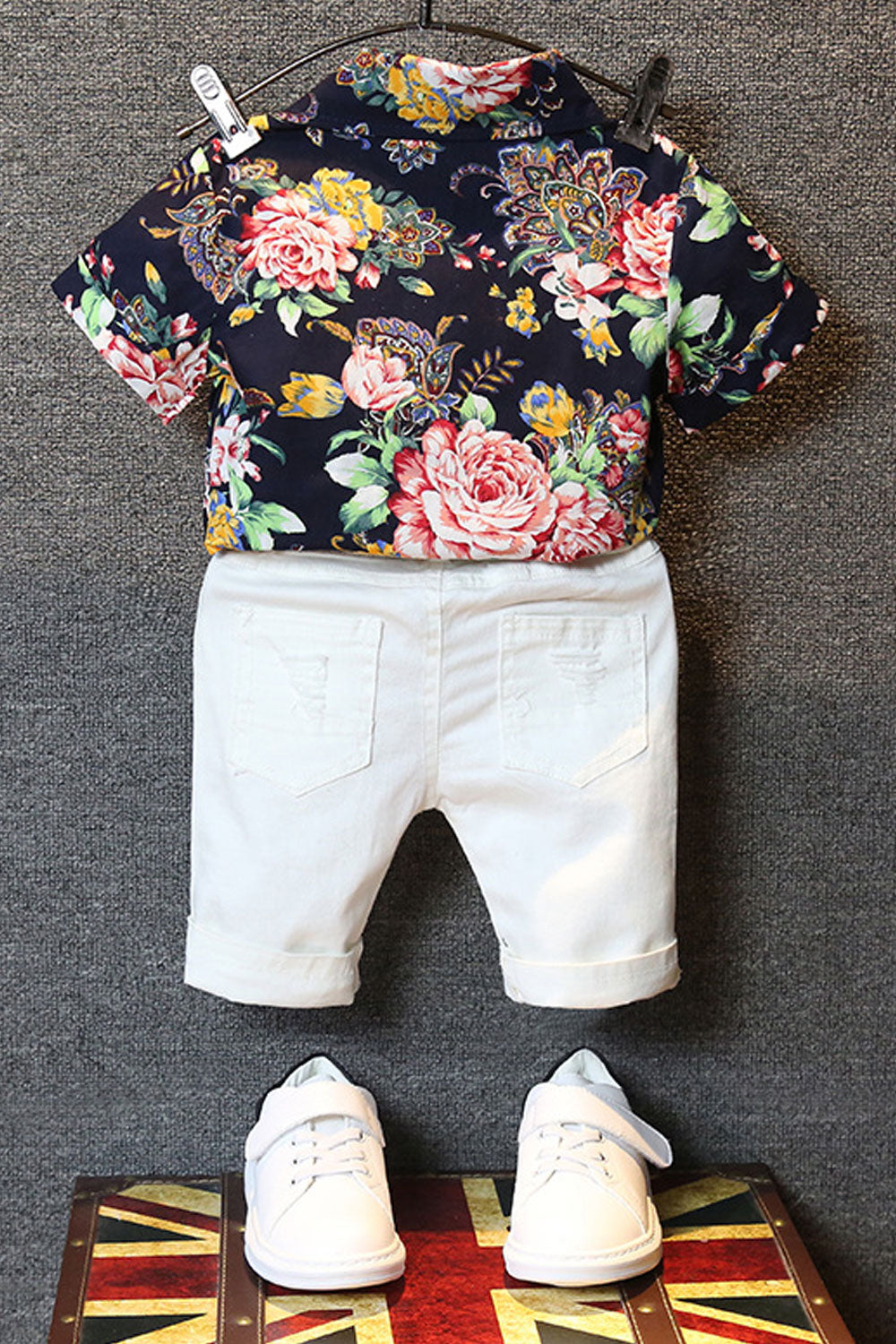 Baby Boys Two Piece Floral Pattern Shirt Shredded Pant Summer Set