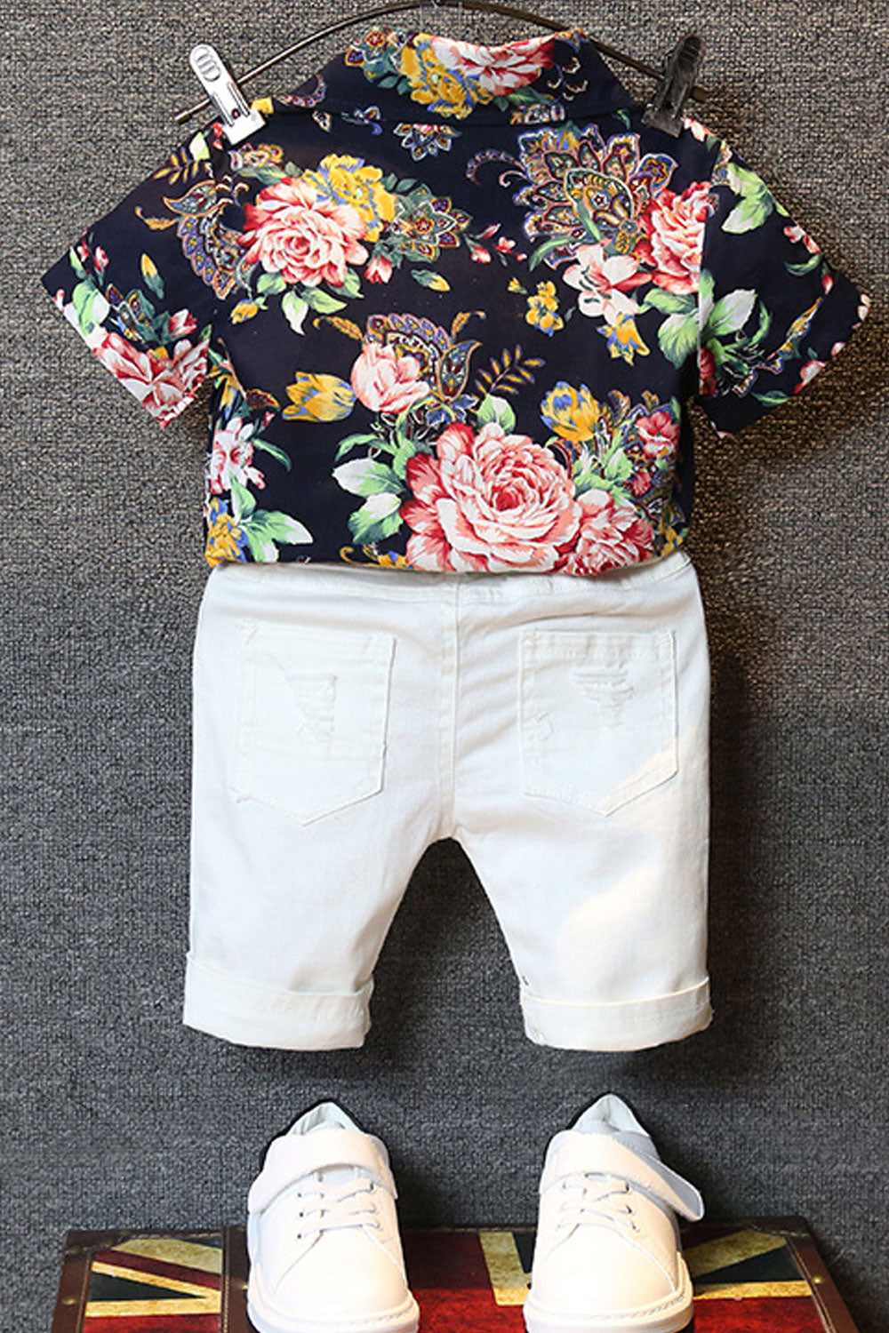 Baby Boys Two Piece Floral Pattern Shirt Shredded Pant Summer Set