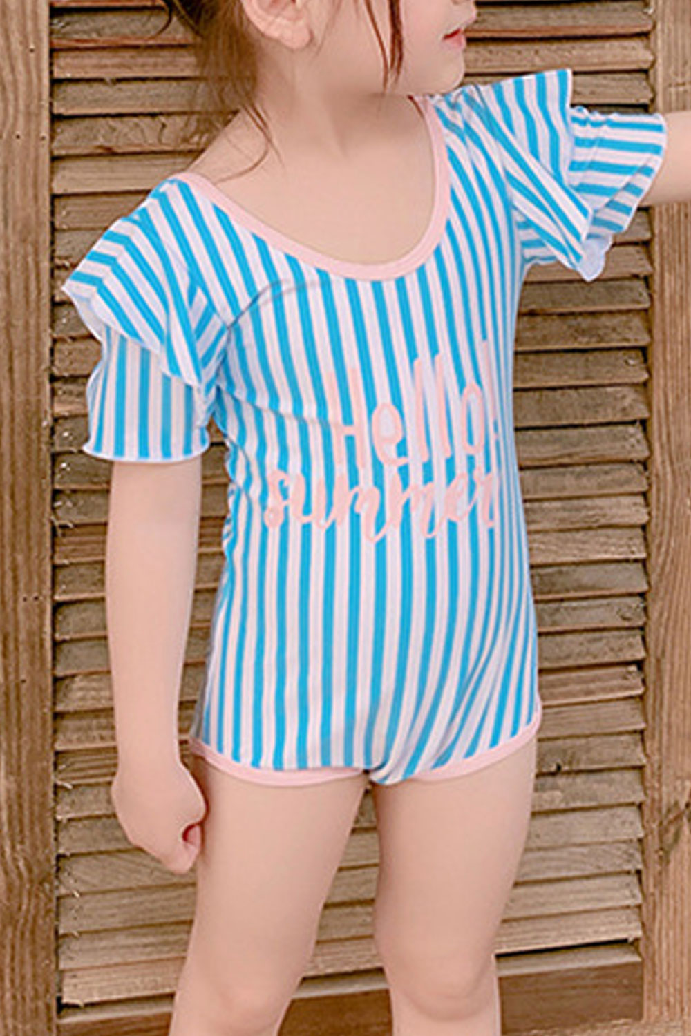 Toddler Girl Ruffled Short Sleeve Striped Pattern Pretty Swimwear