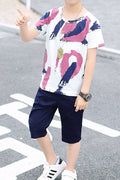 Kids Boys New Arrival Fashion round neck short sleeves D7 letters printed handsome t-shirt with descent looking shorts summer ca