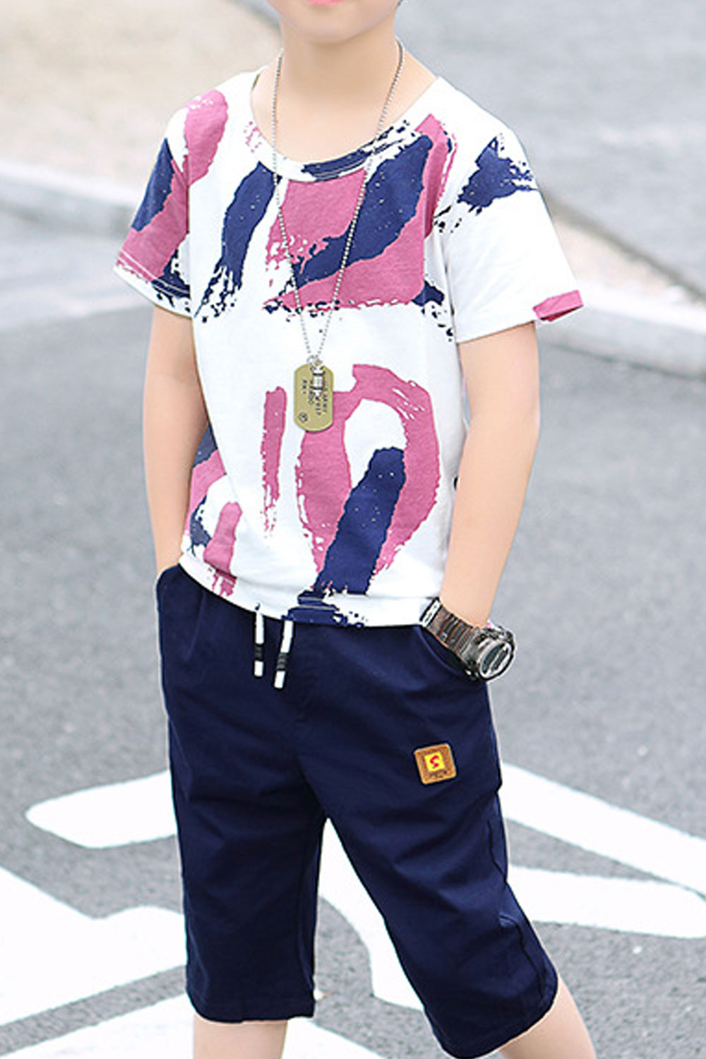 Kids Boys New Arrival Fashion round neck short sleeves D7 letters printed handsome t-shirt with descent looking shorts summer ca