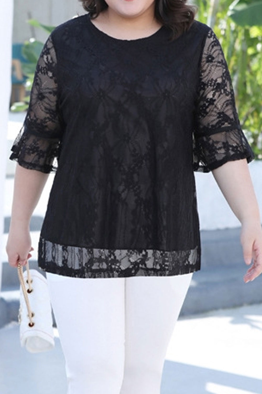 Women Plus New Design Fashionable Round Neck Mid Trumpet Sleeves Fat MM Elegant Temperament Summer Casual Loose Splicing Lace Sh