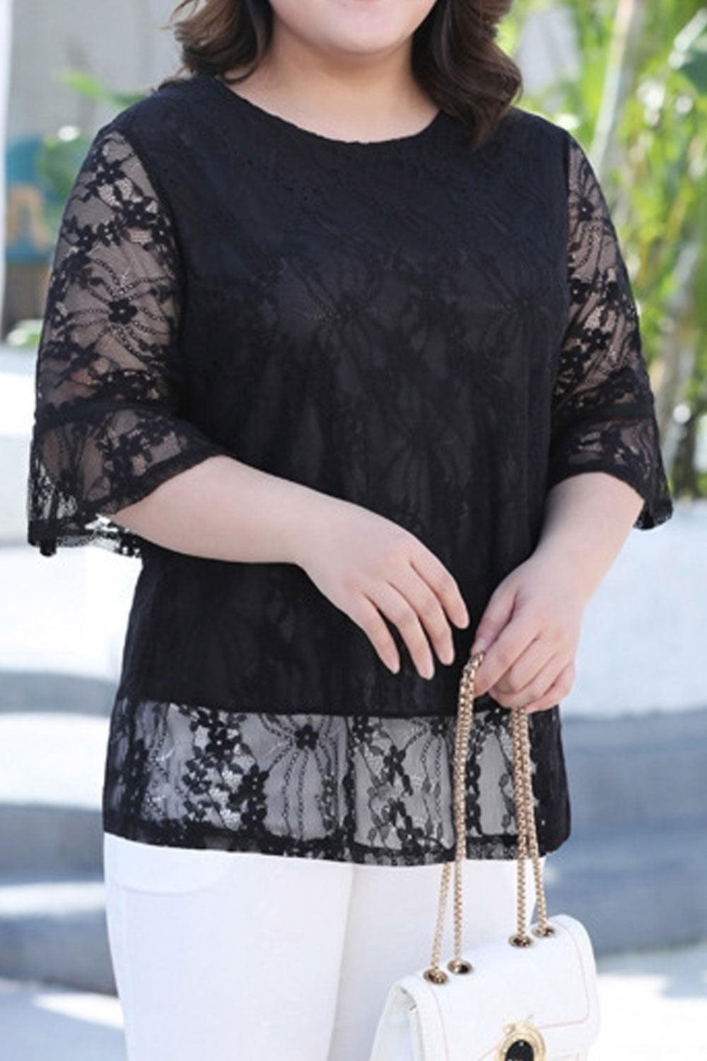 Women Plus New Design Fashionable Round Neck Mid Trumpet Sleeves Fat MM Elegant Temperament Summer Casual Loose Splicing Lace Sh