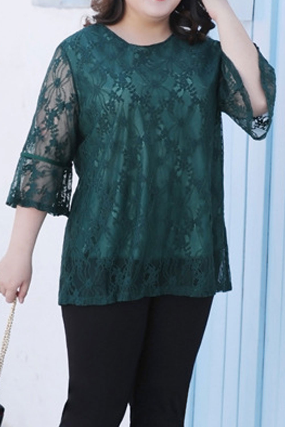 Women Plus New Design Fashionable Round Neck Mid Trumpet Sleeves Fat MM Elegant Temperament Summer Casual Loose Splicing Lace Sh