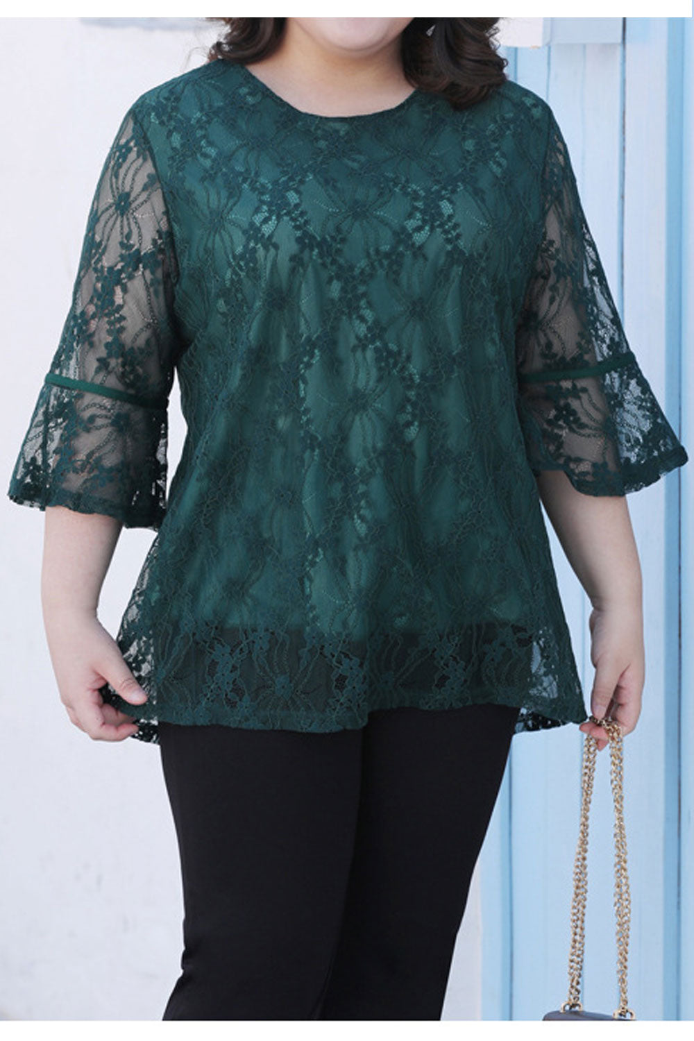 Women Plus New Design Fashionable Round Neck Mid Trumpet Sleeves Fat MM Elegant Temperament Summer Casual Loose Splicing Lace Sh