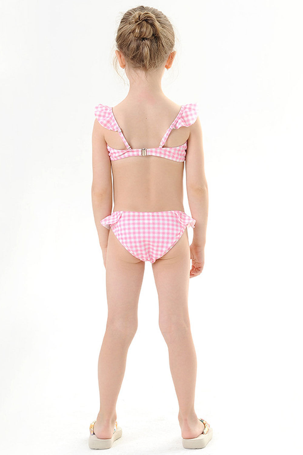 Baby Girls Plaid Pattern Flying Sleeve Adjustable Strap Swimsuit