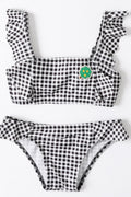 Baby Girls Plaid Pattern Flying Sleeve Adjustable Strap Swimsuit