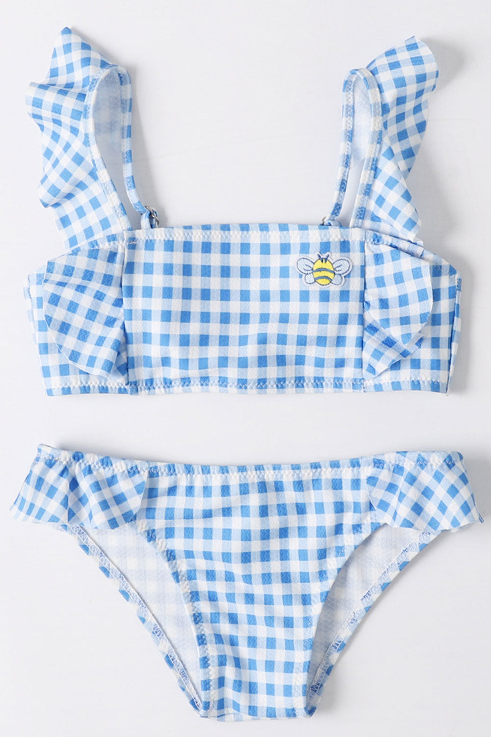 Baby Girls Plaid Pattern Flying Sleeve Adjustable Strap Swimsuit