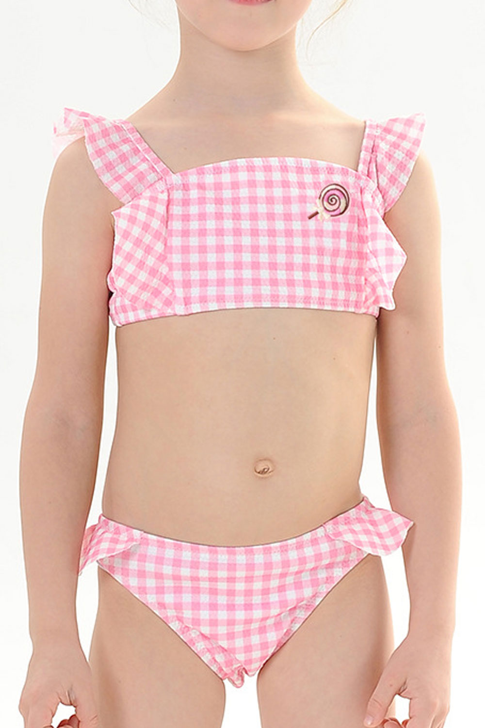 Baby Girls Plaid Pattern Flying Sleeve Adjustable Strap Swimsuit