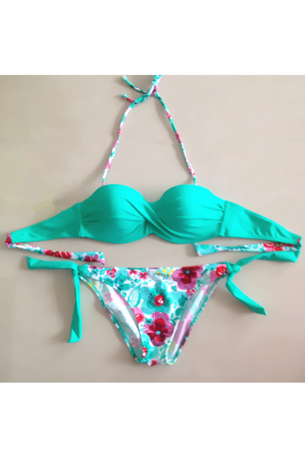 Women Padded Cup Halter Floral Print Two Piece Swimsuit