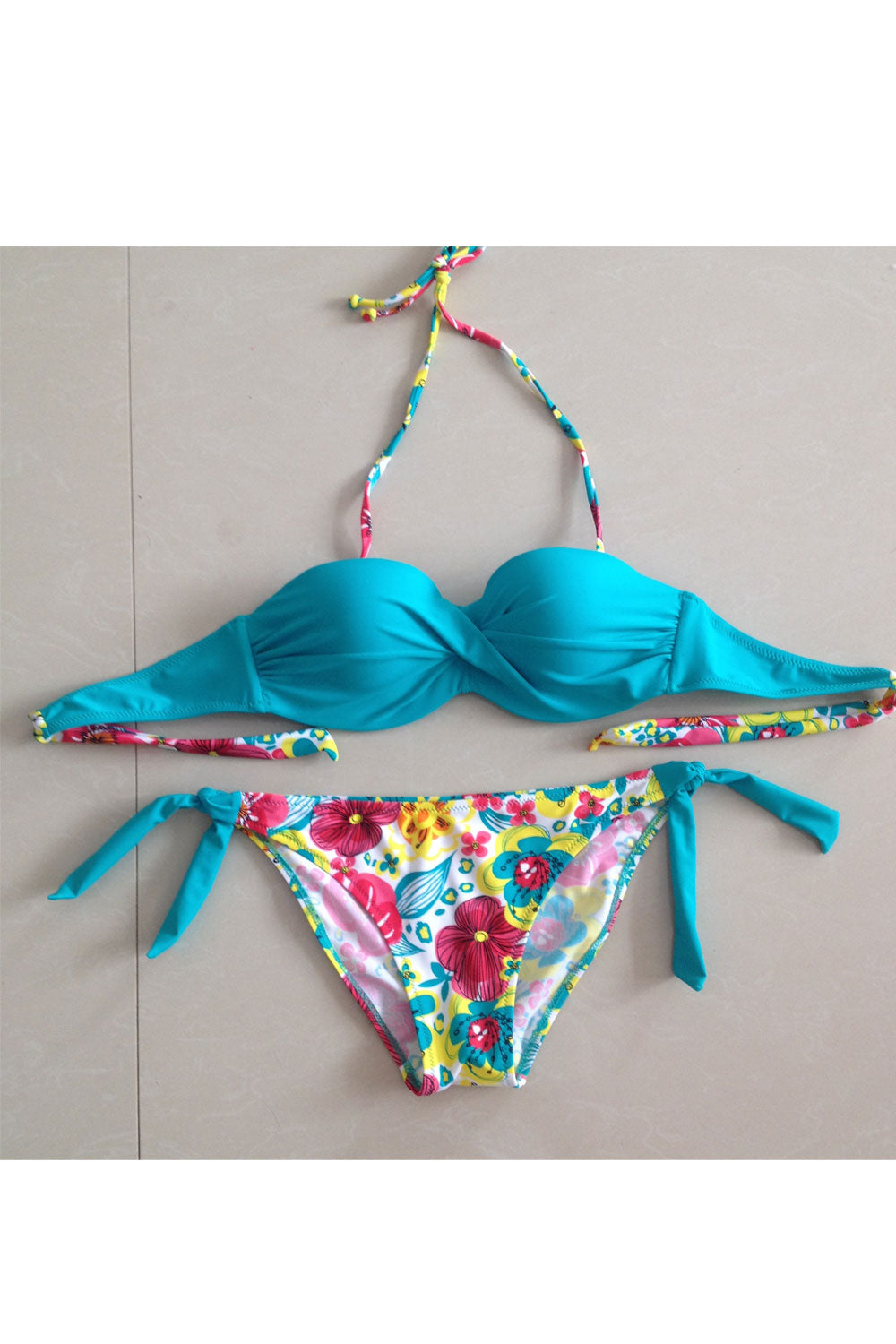Women Padded Cup Halter Floral Print Two Piece Swimsuit