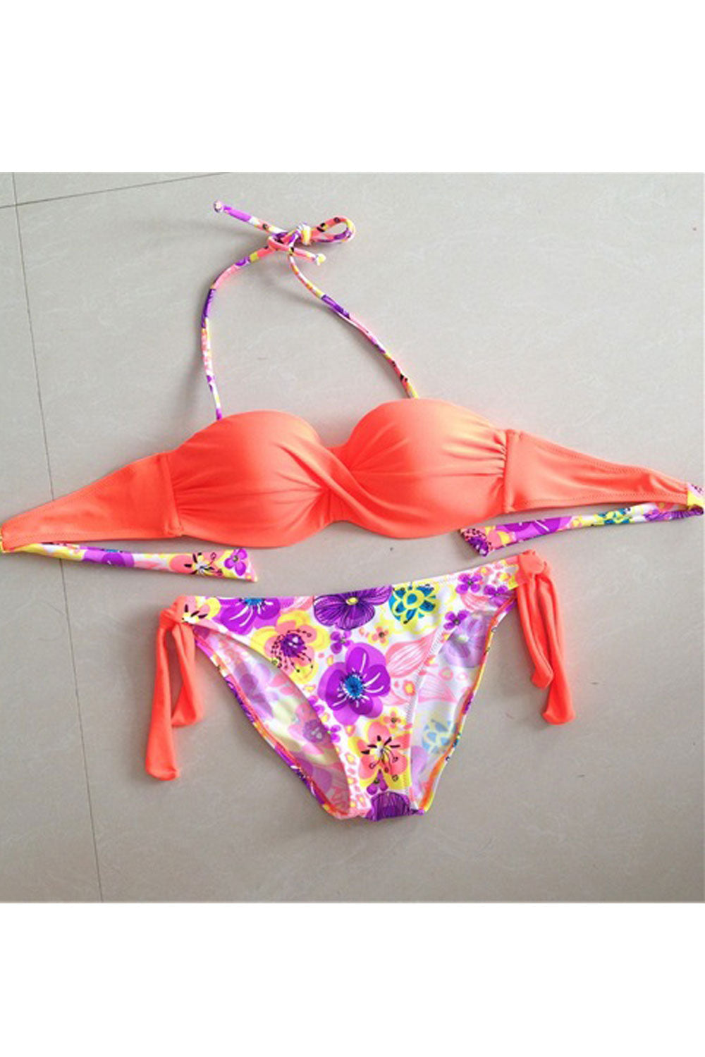 Women Padded Cup Halter Floral Print Two Piece Swimsuit