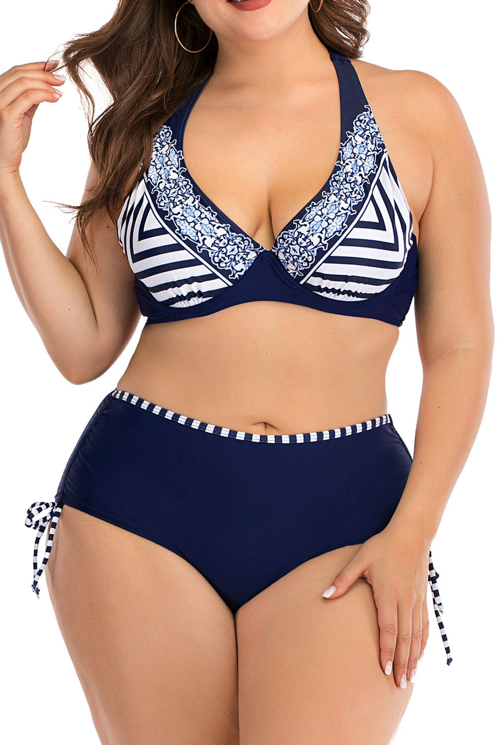 Women Halter Printed Hook Back Halter Styled Swimwear Set