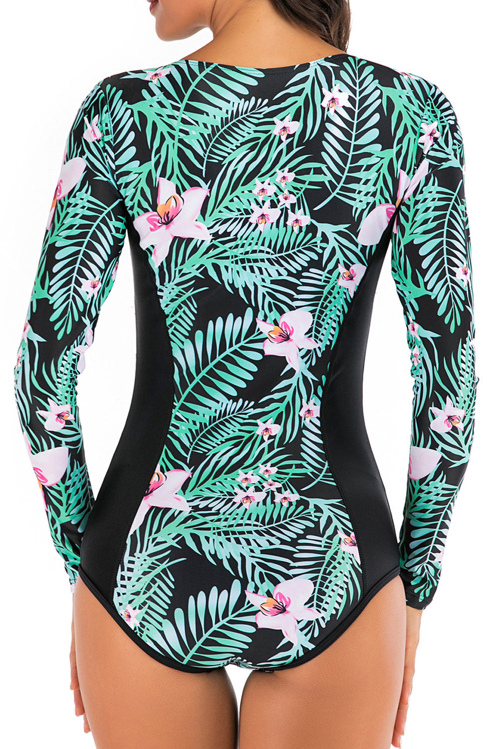 Women Round Neck Zip Up Long Sleeve One Piece Swimwear