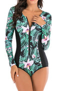 Women Round Neck Zip Up Long Sleeve One Piece Swimwear