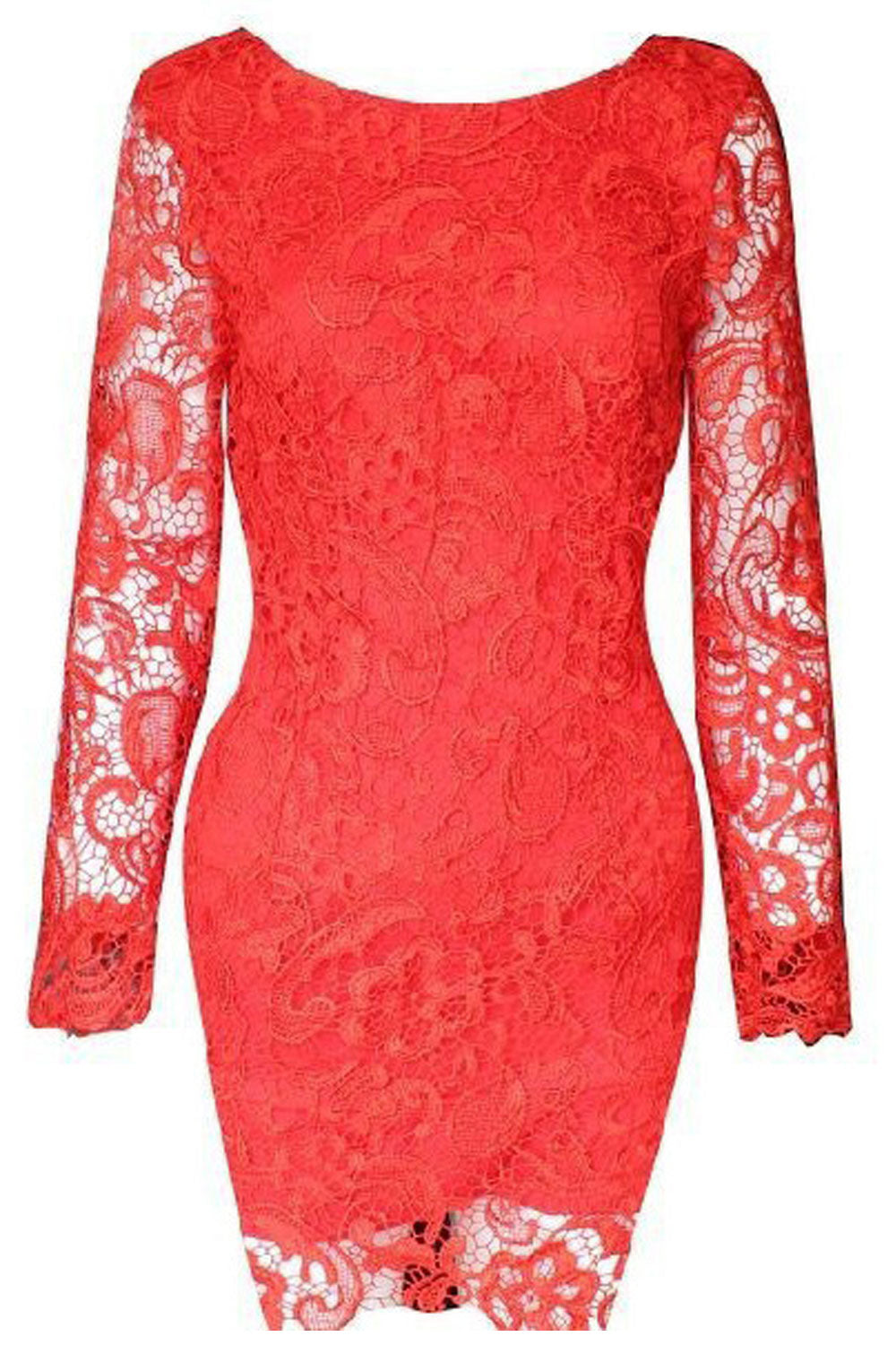 Womens Lace Stiched Bodycon Long Sleeves Mini Dress Red